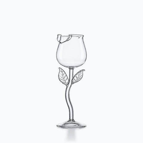 Verre à pied en forme de rose, bord en pétales et feuilles nervurées