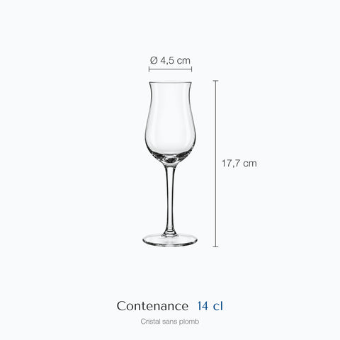 Dimensions : Verre à Rhum Vieux (hauteur 17,7 cm, diamètre 4,5 cm, contenance 14 cl)