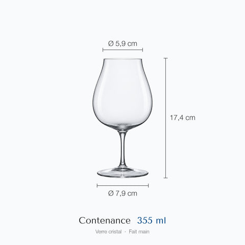 Verre à vin Cocon coté : hauteur 17,4 cm, diamètre du haut 5,9 cm, diamètre de la base 7,9 cm, contenance 35,5 cl