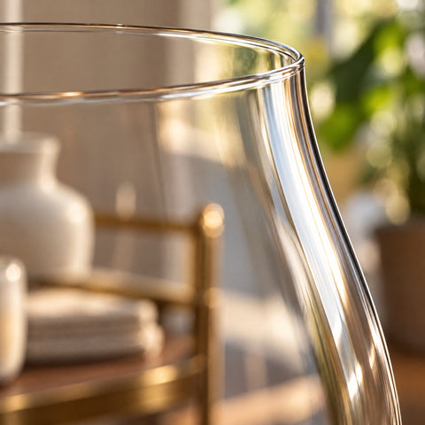 Gros plan à contre-jour sur le buvant fin et la paroi lisse de la paraison du verre à vin Cocon, fond blanc