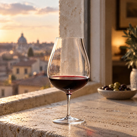 Verre à vin Cocon rempli au tiers de vin rouge sombre, rebord de fenêtre en pierre et une assiette d'olives