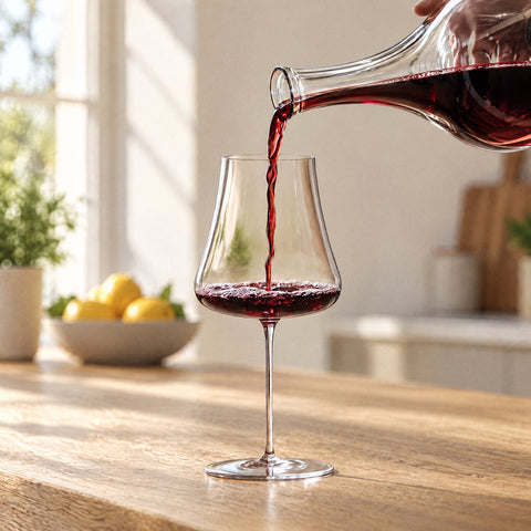 Vin rouge sombre versé d'une carafe en cristal dans le verre à vin Nef, table en marbre clair et fauteuil flou