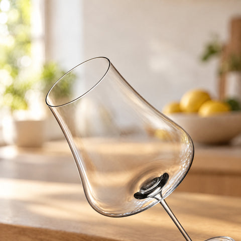 Gros plan sur le calice incliné du verre à vin Nef, départ de tige visible, plan de travail en bois, citrons et plantes flous