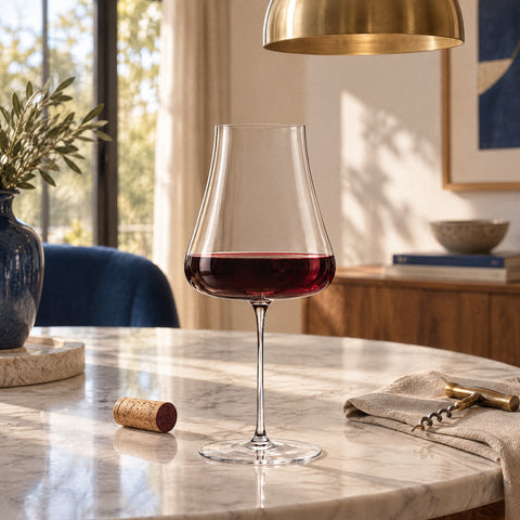 Verre à vin Nef garni de rouge rubis, bouchon en liège taché près du pied, tire-bouchon sur une serviette en lin