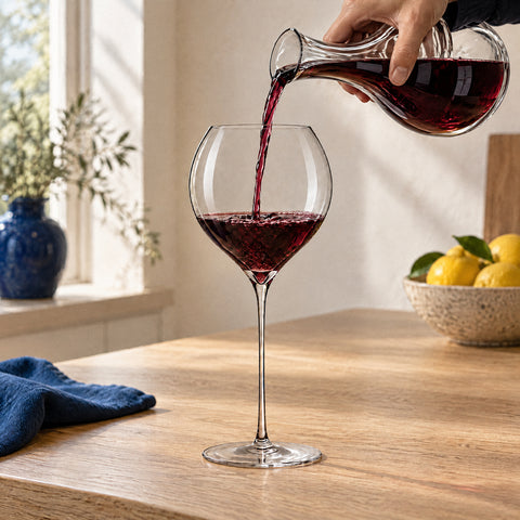 Carafe en cristal inclinée par une main versant du vin rouge rubis dans le verre à vin ballon Madrigal, sur le comptoir