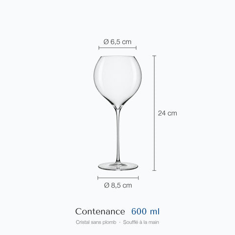 Dimensions du verre à vin ballon Madrigal : 24 cm de haut, 6,5 cm de diamètre au buvant, 8,5 cm au pied, contenance 60 cl