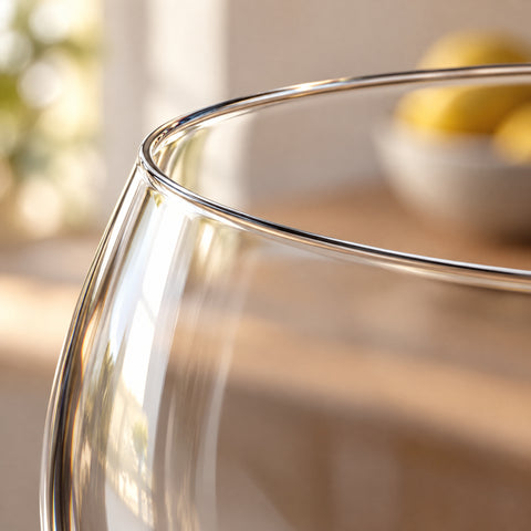 Gros plan sur le buvant du verre à vin ballon Madrigal, ligne lumineuse du bord, citrons dans un bol flous en fond