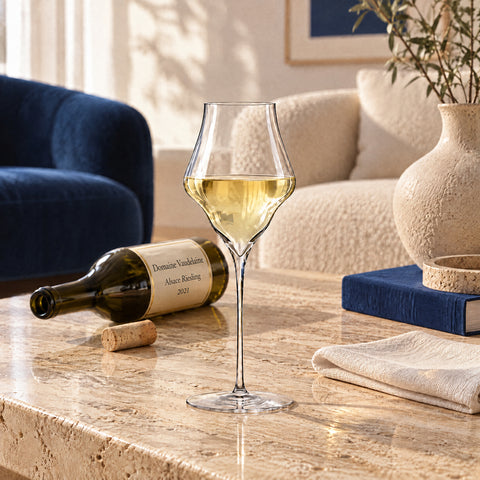 Verre à vin Mât avec du vin blanc paille, bouteille verte étiquetée couchée derrière, bouchon et serviette en lin blanc