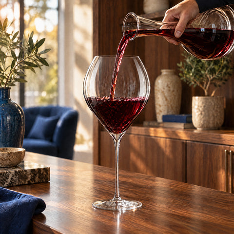 Main inclinant une carafe en cristal au-dessus du verre à vin Mandorle, vin rouge rubis au tiers du calice, sur le comptoir