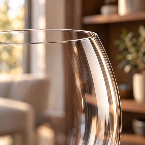 Gros plan à contre-jour du buvant du verre à vin Mandorle, fine ligne claire du bord et paroi soufflée presque invisible