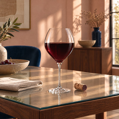 Vin rouge rubis jusqu'au plus large du verre à vin Mandorle, bouchon couché près du pied et serviette de lin pliée