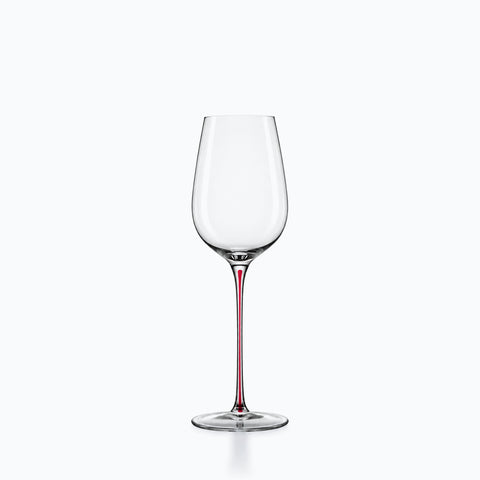 Verre à vin cristal couleur à tige rouge fine, calice tulipe incolore, pied rond