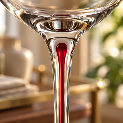 Gros plan sur le haut de la tige du verre à vin Vocalise, baguette rouge scellée qui s'élargit en goutte sous le calice