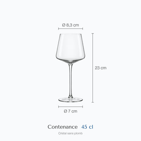 Dimensions : Verre à Vin Luxe (hauteur 23 cm, diamètre 8,3 cm, contenance 45 cl)