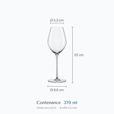 Cotes du verre à vin Sépale : hauteur 25 cm, diamètre du haut 5,3 cm, de la base 8,6 cm, contenance 37 cl