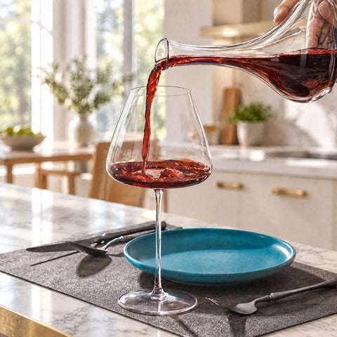 Carafe en cristal versant du vin rouge dans le verre à vin Flèche, assiette bleu canard et couverts à manche noir