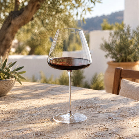 Verre à vin Flèche rempli de vin rouge sombre sur un tapis de bar noir, oliviers et murs blancs flous en arrière-plan