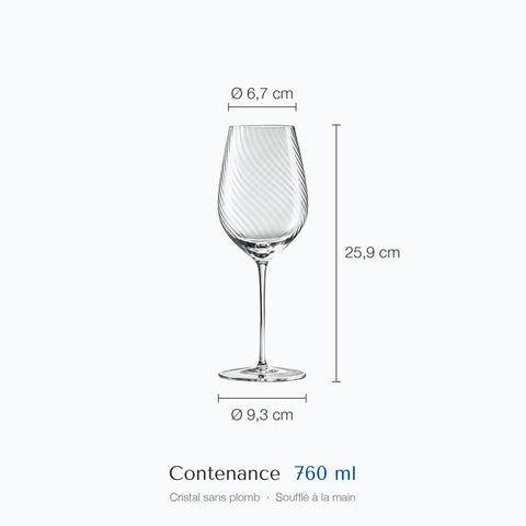 Dimensions du verre à vin Ténor : hauteur 25,9 cm, ouverture 6,7 cm, base 9,3 cm, contenance 76 cl