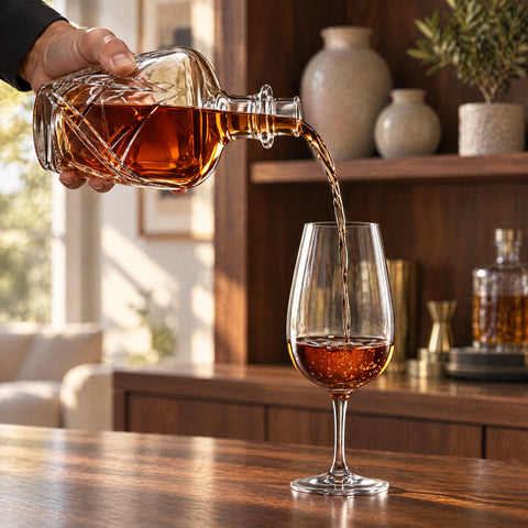 Carafe en cristal versant un filet ambré dans le verre de dégustation Solfège, meuble de bar en noyer et vases en céramique