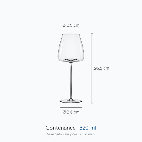 Dimensions du verre à vin Soprano : hauteur 26,5 cm, diamètre du haut 6,3 cm, de la base 8,5 cm, contenance 62 cl