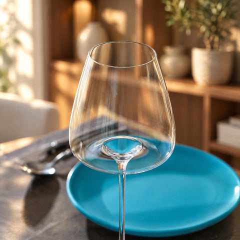 Gros plan sur le calice et le creux au fond du verre à vin Soprano, assiette bleue, couverts et étagère en bois flous