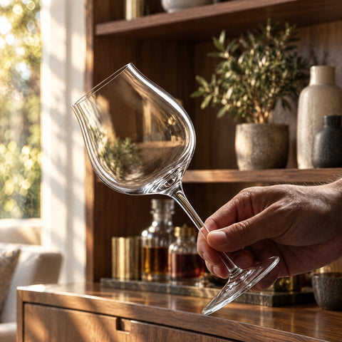Main tenant le verre à vin Cheminée vide par la jambe, entre pouce et index, meuble bar en noyer et vases flous
