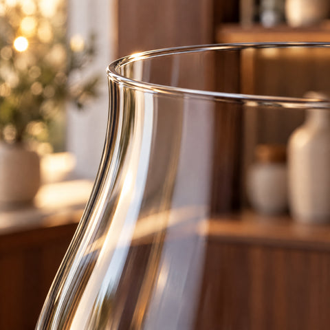 Gros plan sur le buvant légèrement évasé et le haut de la paroi du verre à vin Cheminée, étagère en bois et vases flous