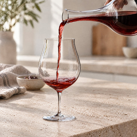 Vin rouge versé d'une carafe en cristal dans le verre à vin pied bas Tablée posé sur une surface en bois