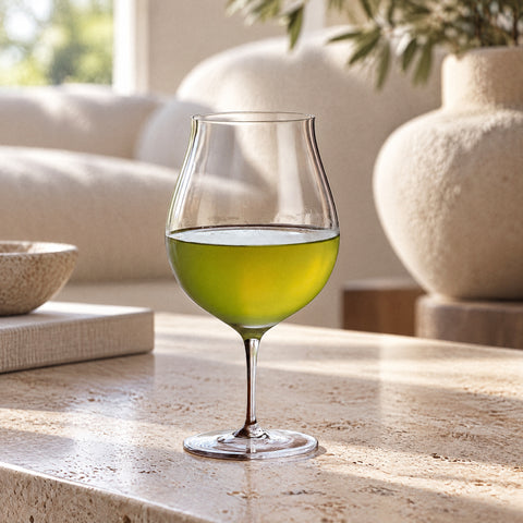 Boisson jaune-vert à bulles dans le verre à vin pied bas Tablée embué, canapé bouclé crème et vase en céramique flous