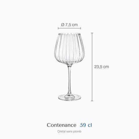Dimensions : Verre à Vin Rond (hauteur 23,5 cm, diamètre 7,5 cm, contenance 59 cl)