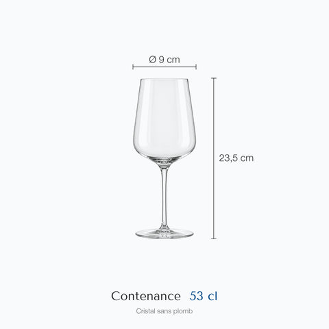 Dimensions : Verre à Vin Rouge (hauteur 23,5 cm, diamètre 9 cm, contenance 53 cl)