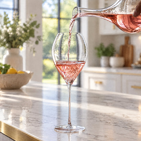 Vin rosé versé d'une carafe en cristal tenue du bout des doigts dans le verre à vin de dégustation Étrave, table en bois