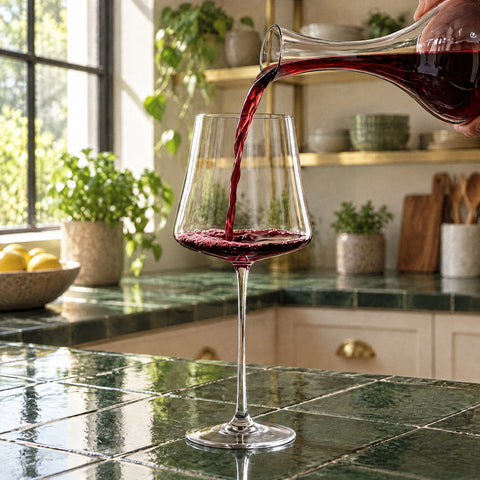 Vin rouge versé d'une carafe en cristal dans le verre à vin Partition à calice côtelé, posé sur un marbre blanc