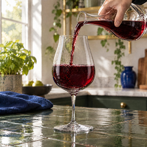 Carafe en cristal tenue à la main versant un vin rouge rubis dans le verre à vin tulipe Nocturne posé sur le comptoir