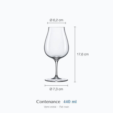 Verre à vin tulipe Nocturne coté : hauteur 17,6 cm, diamètre du haut 6,2 cm, diamètre de la base 7,3 cm, contenance 44 cl