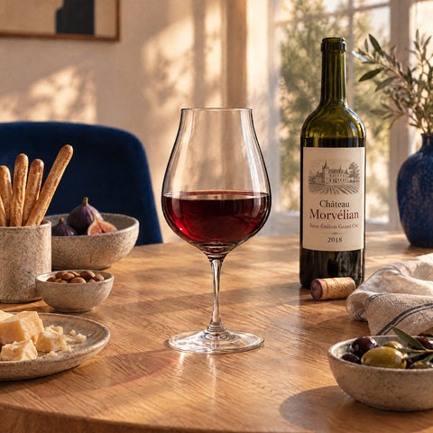 Verre à vin tulipe Nocturne rempli de vin rouge rubis devant une bouteille étiquetée, bouchon et serviette en lin