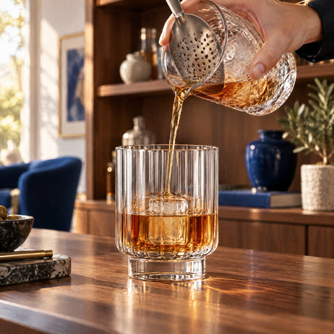 Main versant un old fashioned par une passoire julep sur un gros glaçon dans le verre à whisky Ionique, meuble bar en noyer