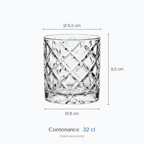 Dimensions : Verre à Whisky Ciselé (hauteur 9,5 cm, diamètre 8,5 cm, contenance 32 cl)