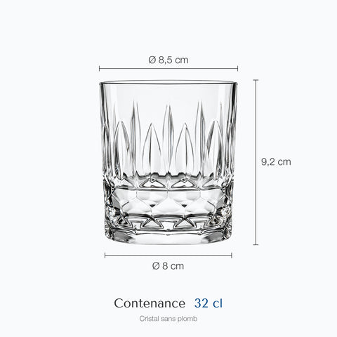 Dimensions : Verre à Whisky Classique (hauteur 9,2 cm, diamètre 8,5 cm, contenance 32 cl)