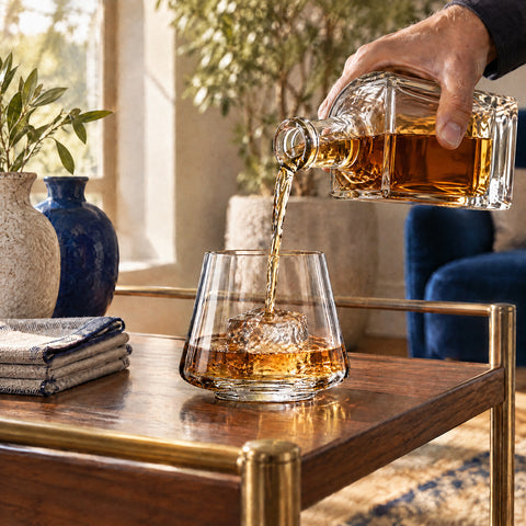 Carafe en cristal versant un filet de whisky sur un gros glaçon dans le verre à whisky Corset, posé sur un comptoir