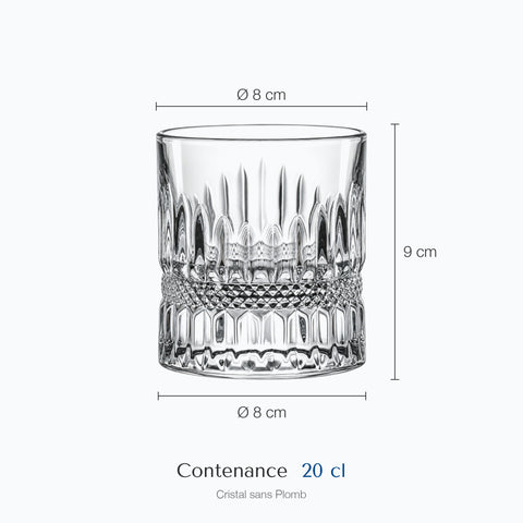 Dimensions : Verre à Whisky Couronne (hauteur 9 cm, diamètre 8 cm, contenance 20 cl)