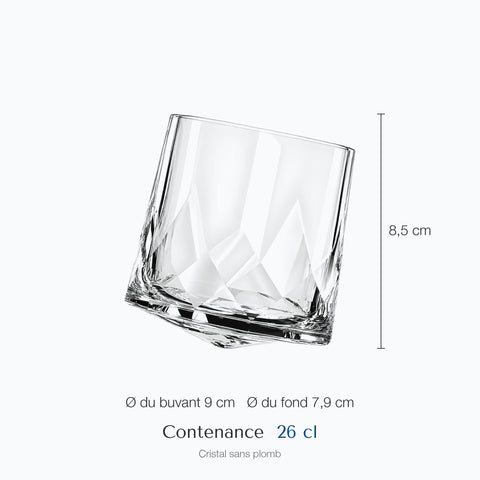 Dimensions : Verre à Whisky Diamant (hauteur 8,5 cm, diamètre 9 cm, contenance 26 cl)