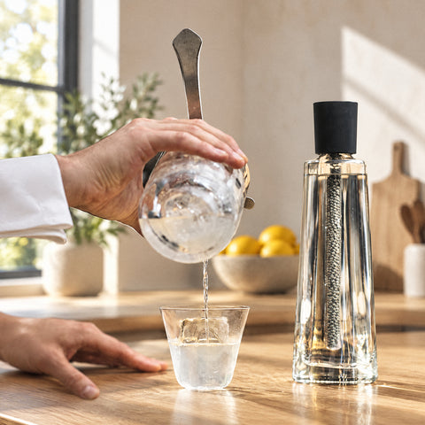 Verre à whisky évasé Estuaire avec un gros glaçon, cocktail limpide versé depuis un verre à mélange, bol de citrons flou