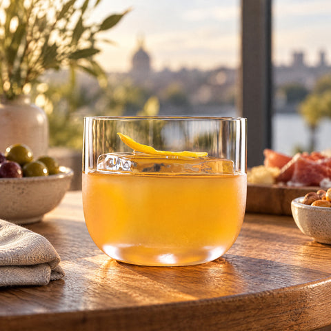 Verre à whisky Largo rempli d'un cocktail orangé trouble, bloc de glace et zeste d'orange, sur une table ronde en chêne