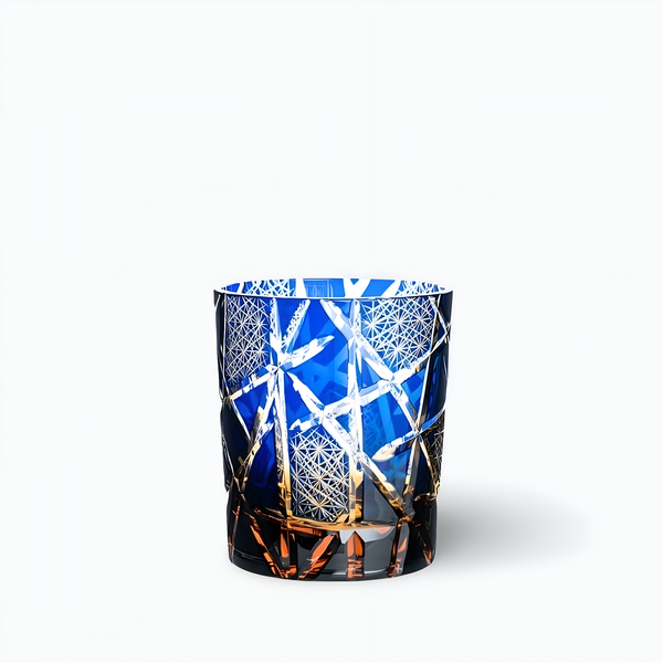 Verre à Boire Traditionnel Japonais Edo Kiriko - Yamada Glass - Couleur Orange Et Bleu (Ruri)