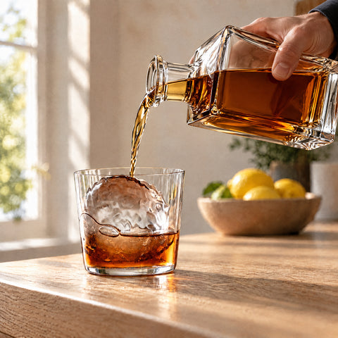 Filet ambré versé d'une carafe en cristal dans le verre à whisky Faisceau garni d'une sphère de glace, table en marbre