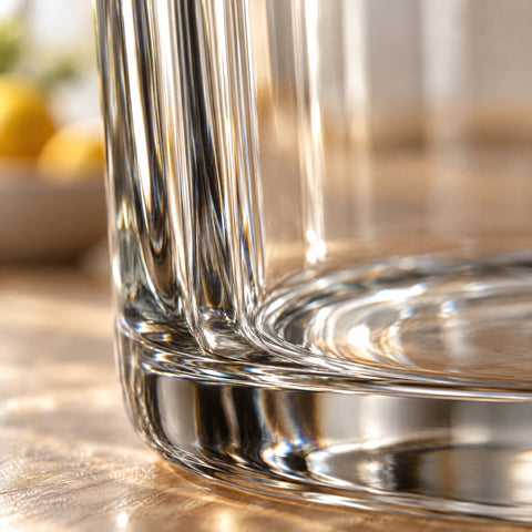 Gros plan sur les cannelures du verre à whisky Faisceau, reflet sur chaque arête et jonction avec la base épaisse