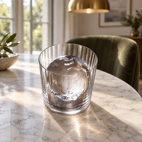 Verre à whisky Faisceau vu en plongée avec une sphère de glace, suspension en laiton et fauteuil en velours flous