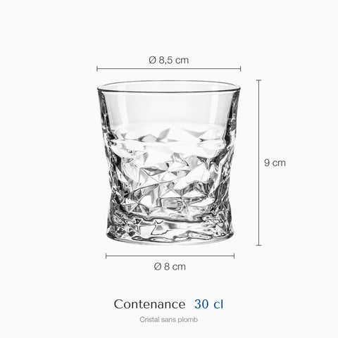 Dimensions : Verre à Whisky Précieux (hauteur 9 cm, diamètre 8,5 cm, contenance 30 cl)