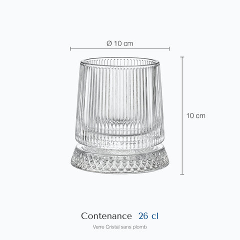 Dimensions : Verre à Whisky Socle en Verre Strié · Perron (hauteur 10 cm, diamètre 10 cm, contenance 26 cl)